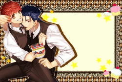 Rule 34 | 2boys, argyle, argyle background, argyle clothes, blue hair, border, butler, cu chulainn (fate), cu chulainn (fate/stay night), earrings, emiya shirou, fate/stay night, fate (series), jewelry, male focus, mitsuki mitsuno, multiple boys, official alternate costume, parfait, red eyes, red hair, vest, waistcoat, yellow eyes