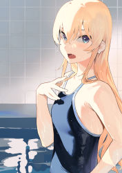 Rule 34 | 1girl, bare shoulders, blonde hair, blue eyes, breasts, commentary request, competition school swimsuit, competition swimsuit, crossed bangs, fang, flat chest, hair between eyes, ikuchan kaoru, long hair, looking at viewer, one-piece swimsuit, open mouth, original, pool, school swimsuit, skin fang, solo, swimsuit, tile wall, tiles, upper body, water, wet, wet hair