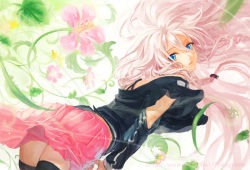 Rule 34 | 1girl, ass, bad id, bad pixiv id, blue eyes, braid, flower, from behind, ia (vocaloid), long hair, looking at viewer, looking back, off shoulder, open mouth, pink hair, pleated skirt, skirt, solo, thighhighs, twin braids, very long hair, vocaloid, wind, yamakawa (sato), yamakawa umi, zettai ryouiki