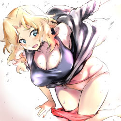 Rule 34 | 1girl, armpits, barefoot, blonde hair, blue eyes, breasts, cleavage, commentary request, girls und panzer, gradient background, hair intakes, kay (girls und panzer), large breasts, long hair, nakahira guy, open mouth, red skirt, removing jacket, simple background, skirt, solo, sweatdrop, tank top, undressing