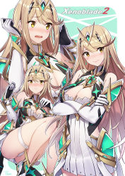 Rule 34 | 1girl, artist name, blonde hair, blush, breasts, cleavage, cleavage cutout, closed mouth, clothing cutout, commentary request, copyright name, crossed arms, earrings, gloves, highres, jewelry, legs, long hair, looking to the side, medium breasts, mythra (xenoblade), nintendo, nose blush, pen (steelleets), solo, swept bangs, thigh strap, tiara, wavy mouth, white gloves, xenoblade chronicles (series), xenoblade chronicles 2, yellow eyes