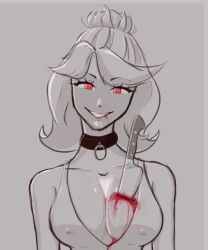 Rule 34 | 1girl, absurdres, blood, blood on clothes, blood on face, blush, breasts, cleavage, deynesarts, drawing, evil smile, highres, knife, looking at viewer, medium breasts, medium hair, naughty face, original, self-upload, simple background, smile, solo