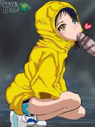Rule 34 | 1girl, artist name, bar censor, blue eyes, blue hair, blush, censored, cerealxs, dolphin shorts, from side, heart, heterochromia, highres, hood, hood up, hoodie, long sleeves, ooto ai, oral, penis, short hair, shorts, squatting, sweater, thighs, white footwear, wonder egg priority, yellow eyes, yellow hoodie, yellow sweater