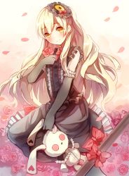 Rule 34 | 1girl, black dress, black gloves, blonde hair, rabbit, dress, elbow gloves, flower, gloves, hair ornament, highres, holding, long hair, looking at viewer, mayu (vocaloid), petals, red flower, red ribbon, ribbon, smile, solo, vocaloid, yellow eyes, you hashira