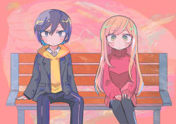 Rule 34 | 1boy, 1girl, arms at sides, bench, black hair, black jacket, black legwear, black pants, blazer, blue eyes, blue hair, blush, blush stickers, colored inner hair, commentary, expressionless, feet out of frame, green eyes, hands on lap, hood, hood down, hoodie, jacket, kinoshita akane, legs together, long hair, looking at viewer, multicolored hair, on bench, orange hair, pants, park bench, pink background, red sweater, side-by-side, sitting, spread legs, sweater, terada tera, turtleneck, turtleneck sweater, very long hair, yamada-kun to lv999 no koi wo suru, yamada akito, yellow hoodie