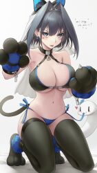 Rule 34 | 1girl, absurdres, anger vein, animal ears, animal hands, bare shoulders, bikini, black hair, blue eyes, blue panties, boros (ouro kronii), bow, bow earrings, bra, breasts, cat ears, cat paws, chain, chain headband, choker, cleavage, earrings, hair between eyes, hair intakes, highres, hololive, hololive english, jewelry, large breasts, looking at viewer, navel, open mouth, ouro kronii, panties, revision, ribbon earrings, short hair, side-tie panties, skindentation, solo, somebody (leiking00), stomach, swimsuit, thighhighs, thighs, tongue, tongue out, underwear, virtual youtuber