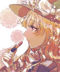 Rule 34 | 1girl, blonde hair, blush, brown hat, brown vest, cosmetics, eyelashes, frilled hat, frills, hat, hat feather, holding, holding lipstick tube, jacket girl (dipp), lipstick, lipstick tube, long hair, makeup, owannu, touhou, upper body, vest, wavy hair, yellow eyes