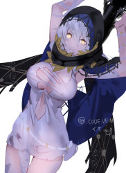 Rule 34 | 1girl, armpits, arms up, black cape, blue cape, breasts, brown eyes, cape, cleavage, code vein, copyright name, dress, glowing, glowing eyes, hair between eyes, highres, hood, hood up, hooded cape, io (code vein), large breasts, looking at viewer, parted lips, short dress, silver hair, simple background, solo, white background, white dress, yuuki kira