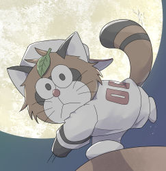 Rule 34 | 1boy, absurdres, baseball uniform, character request, doraemon, full moon, furry, furry male, gizugazu, highres, leaf, leaf on head, looking at viewer, male focus, moon, night, pitching, pitching mound, raccoon tail, solo, sportswear, tail, whiskers