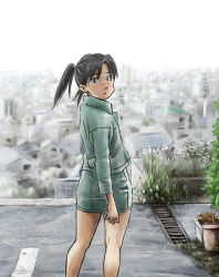 Rule 34 | 00s, 1girl, amasawa yuuko, cityscape, denim, denim jacket, dennou coil, glasses, jacket, looking at viewer, looking back, outdoors, pencil skirt, scenery, skirt, solo, tnt (aaaazzzz), twintails