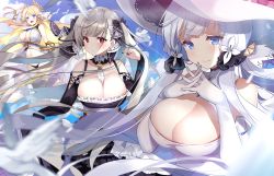 Rule 34 | 3girls, :d, azur lane, bare shoulders, between breasts, black dress, black panties, blonde hair, blue eyes, blue sky, blush, breasts, center opening, cleavage, cloud, day, dress, earrings, elbow gloves, formidable (azur lane), frilled dress, frills, gloves, grey hair, hair ornament, hair ribbon, hat, illustrious (azur lane), jewelry, kurot, lace trim, large breasts, laurel crown, long hair, long sleeves, looking at viewer, mole, mole under eye, multiple girls, open mouth, outdoors, own hands together, panties, red eyes, revealing clothes, ribbon, shading eyes, sky, sleeveless, sleeveless dress, smile, strapless, strapless dress, sun hat, twintails, underwear, very long hair, victorious (azur lane), white dress, white gloves, white hair, white headwear, wind