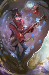 Rule 34 | 1boy, 1girl, :o, absurdres, black hair, blue pants, brown eyes, brown hair, commentary, english commentary, eyepatch, full body, guitar, highres, holding, holding instrument, instrument, japanese clothes, kimono, kubo (kubo and the two strings), kubo and the two strings, long sleeves, male focus, mini person, miniboy, moon, open mouth, pants, parted lips, red kimono, samurai, sandals, simha, solo