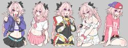 Rule 34 | 1boy, abs, alternate costume, astolfo (candy pink) (fate), astolfo (fate), astolfo (sailor paladin) (fate), astolfo (sparkling frills) (fate), backwards hat, belt, blouse, braid, choker, crossdressing, fate/apocrypha, fate (series), hair intakes, hair ribbon, haoro, hat, highres, hood, hoodie, long hair, looking at viewer, male focus, midriff, multicolored hair, multiple views, navel, official alternate costume, open mouth, pink hair, pout, purple eyes, revealing clothes, ribbon, school uniform, serafuku, shirt, shorts, simple background, single braid, sitting, skirt, swimsuit, tagme, trap, v, white hair