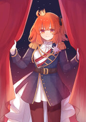 Rule 34 | 1girl, absurdres, ahoge, aiguillette, belt, black pantyhose, black scrunchie, blue jacket, bow, bowtie, brown belt, closed mouth, colored eyelashes, cowboy shot, crown, curtain grab, curtains, dress, epaulettes, fate/grand order, fate (series), fujimaru ritsuka (female), fujimaru ritsuka (female) (halloween royalty), gloves, hair ornament, hair scrunchie, high-low skirt, highres, jacket, koromo (osakana0525), long sleeves, looking at viewer, medium hair, mini crown, official alternate costume, one side up, orange eyes, orange hair, pantyhose, red curtains, scrunchie, smile, solo, standing, white bow, white dress, white gloves