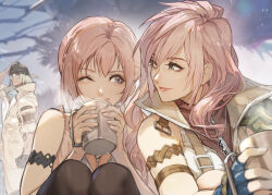 Rule 34 | 1boy, 2girls, bandana, coat, cup, final fantasy, final fantasy xiii, fingerless gloves, gloves, hand on own head, hide (hideout), highres, holding, holding cup, lightning farron, looking at another, mug, multiple girls, pink hair, serah farron, siblings, side ponytail, sisters, sitting, sleeveless, smile, snow villiers, steam