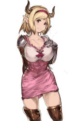 Rule 34 | 1girl, arm behind back, blonde hair, boots, breasts, brown eyes, cleavage, collarbone, commentary request, djeeta (granblue fantasy), draph, dress, fighter (granblue fantasy), gauntlets, granblue fantasy, hairband, head tilt, highres, horns, large breasts, looking at viewer, pink dress, pointy ears, short dress, short hair, simple background, smile, solo, swept bangs, tagme, thigh boots, thighhighs, white background, yashigaras