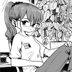 Rule 34 | 1girl, earbuds, earphones, from side, glasses, greyscale, hand on own knee, highres, iced coffee, kawatarou, monochrome, original, pants, plant, ponytail, potted plant, scrunchie, sitting, solo, wireless earphones