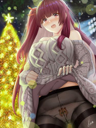 Rule 34 | 1girl, aran sweater, black pantyhose, blurry, blurry background, blush, bokeh, breasts, cable knit, character print, christmas tree, clothes lift, depth of field, dress, girls&#039; frontline, hair ribbon, highres, large breasts, lifting own clothes, long hair, long sleeves, looking at viewer, night, one side up, open mouth, outdoors, panties, panties under pantyhose, pantyhose, piukute062, purple hair, red eyes, red ribbon, ribbon, ribbon-trimmed panties, signature, solo, sweater, sweater dress, sweater lift, tearing up, underwear, very long hair, wa2000 (girls&#039; frontline), white panties, white sweater