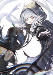 Rule 34 | 1girl, ahoge, arknights, backpack, bag, black footwear, black panties, black shirt, black sleeves, black thighhighs, blush, boots, commentary request, crocodilian tail, detached sleeves, grey hair, highres, hood, hood up, looking at viewer, multicolored hair, open mouth, outstretched arm, panties, pointy ears, romayasu, shirt, short hair, skindentation, solo, staff, streaked hair, tail, thighhighs, thighs, tomimi (arknights), torn clothes, torn thighhighs, underwear, yellow eyes