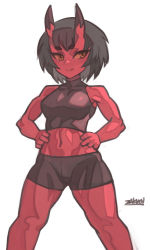 Rule 34 | 1girl, bike shorts, black hair, black shirt, black shorts, breasts, closed mouth, colored skin, cropped shirt, feet out of frame, female focus, hands on own hips, horns, kidouko (zakusi), legs apart, looking at viewer, medium breasts, muscle, muscular female, navel, oni, original, pointy chin, red eyes, red oni, red skin, shirt, short hair, shorts, signature, simple background, sleeveless, sleeveless shirt, smile, solo, standing, tsurime, white background, yellow eyes, zakusi