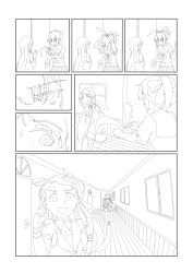 Rule 34 | 10s, 2girls, bow, chasing, comic, door, elbow gloves, female focus, fleeing, gloves, greyscale, hair bow, hair ornament, hairband, unworn hairband, hallway, highres, indoors, kantai collection, lineart, mikeco, monochrome, multiple girls, open mouth, ponytail, running, samidare (kancolle), short sleeves, silent comic, skirt, sleeveless, sweat, white background, window, yuubari (kancolle)