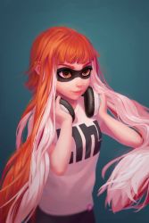 Rule 34 | 1girl, absurdres, blurry, depth of field, domino mask, gradient background, headphones, highres, inkling player character, mask, menechi, multicolored hair, nintendo, orange hair, personification, realistic, solo, splatoon (series), two-tone hair, upper body