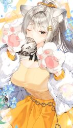 Rule 34 | 1girl, absurdres, animal ear fluff, animal ears, blue flower, breasts, bubble, cat ears, cat girl, cleavage, coat, dot nose, flower, fur coat, gloves, grey eyes, grey hair, hair ribbon, highres, large breasts, matching hair/eyes, multicolored hair, one eye closed, orange skirt, original, paw gloves, paw pose, paws, ponytail, ribbon, ribbon print, sayan, skirt, tagme, two-tone hair