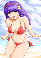 Rule 34 | 1girl, asamiya athena, bikini, breasts, cleavage, grin, headband, large breasts, legs, navel, psycho soldier, purple hair, sky, smile, snk, solo, star (symbol), swimsuit, the king of fighters, things
