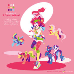 Rule 34 | &gt;:), &gt;:d, 1girl, :d, animal, animal on head, applejack, asymmetrical legwear, bare shoulders, belt, blonde hair, blue eyes, bow, bracelet, closed eyes, dated, dual persona, english text, everyone, feathers, fluttershy, flying, fur trim, green eyes, headband, heart, heart-shaped pupils, horse, jewelry, jump rope, kneehighs, leggings, long hair, low-tied long hair, lyrics, mismatched legwear, multicolored eyes, multicolored hair, my little pony, my little pony: friendship is magic, necklace, nitlo, on head, one eye closed, open mouth, orange eyes, pantyhose, pantyhose under shorts, patterned legwear, pegasus, personification, pink background, pink hair, pinkie pie, polka dot, polka dot legwear, ponytail, purple hair, rainbow dash, rainbow hair, rarity (my little pony), shoes, shorts, signature, smile, sneakers, socks, standing, standing on one leg, symbol-shaped pupils, tail, tank top, tattoo, twilight sparkle, unicorn, unmoving pattern, v-shaped eyebrows, wink, wristband, yellow socks