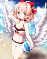 Rule 34 | 1girl, arm behind head, balloon, beach, bikini, blonde hair, blurry, blurry background, bow, breasts, cleavage, gengetsu (touhou), hair bow, highres, light particles, looking at viewer, medium breasts, navel, ocean, outdoors, red bow, red eyes, ruu (tksymkw), short hair, solo, swimsuit, touhou, touhou (pc-98), white bikini, white wings, wings