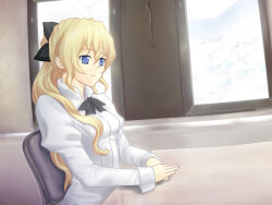 1girl artist_request black_bow blonde_hair blue_eyes bow chair closed_mouth game_cg hair_bow indoors katawa_shoujo long_hair long_sleeves non-web_source official_art ponytail satou_lilly shirt sitting smile solo table upper_body white_shirt window