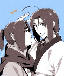 Rule 34 | 2boys, ahoge, ainu clothes, blush, from side, greyscale, haku (utawarerumono), height difference, highres, japanese clothes, kimono, looking at viewer, medium hair, mole, mole under eye, monochrome, monochrome mobius, multiple boys, nose blush, open mouth, pointy ears, ponytail, re 19nago, scarf, sidelocks, teeth, tongue, ukon (utawarerumono), utawarerumono, utawarerumono: itsuwari no kamen, aged down