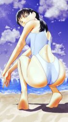 Rule 34 | 1girl, ass, bare shoulders, beach, black hair, brown eyes, chainsaw man, cloud, cloudy sky, highres, illust aqua, looking at viewer, looking down, mitaka asa, one-piece swimsuit, sky, soles, solo, squatting, swimsuit