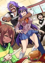 Rule 34 | 1boy, 1other, 2girls, absurdres, black hair, black vest, bongfill, bow, bowtie, breasts, brown gloves, brown hair, burger, chainsaw man, chara (undertale), closed eyes, closed mouth, crazy eyes, crossover, doki doki literature club, fast food, food, gloves, grabbing, grabbing another&#039;s breast, green shirt, higashiyama kobeni, highres, holding, holding knife, knife, large breasts, long hair, multiple crossover, multiple girls, neck ribbon, one piece, open mouth, purple eyes, purple hair, red ribbon, ribbon, scared, school uniform, screaming, shirt, smile, spandam, tongue, undertale, vest, white shirt, yuri (doki doki literature club)