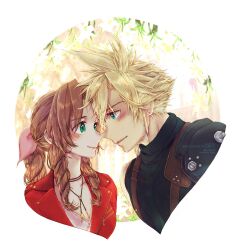 Rule 34 | 1boy, 1girl, 39cva, absurdres, aerith gainsborough, aqua eyes, armor, artist name, blonde hair, blue shirt, blush, border, braid, braided ponytail, breasts, brown hair, choker, cleavage, closed mouth, cloud strife, couple, cropped torso, dated, dress, earrings, final fantasy, final fantasy vii, final fantasy vii rebirth, final fantasy vii remake, floral background, flower, flower choker, green eyes, hair between eyes, hair ribbon, hetero, highres, jacket, jewelry, lily (flower), long hair, looking at another, medium breasts, noses touching, parted bangs, pink dress, pink ribbon, red jacket, ribbon, shirt, short hair, shoulder armor, sidelocks, single bare shoulder, single braid, single earring, single shoulder pad, sleeveless, sleeveless turtleneck, smile, spiked hair, suspenders, turtleneck, twitter username, upper body, white border