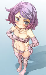 Rule 34 | 1girl, :&lt;, ahoge, animal print, bandeau, bare shoulders, blush, elbow gloves, eyebrows, flat chest, from above, from below, gloves, gradient background, grey eyes, hands on own hips, kototora, navel, original, panties, purple hair, slit pupils, solo, strapless, tiger print, tube top, underwear, yohane