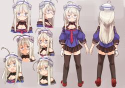 Rule 34 | 1girl, ahoge, asymmetrical sidelocks, black sailor collar, black skirt, black thighhighs, blue shirt, breasts, cleavage, commentary request, dixie cup hat, enjaku izuku, full body, gloves, grey eyes, grey hair, hat, heywood l. edwards (kancolle), heywood l. edwards kai (kancolle), highres, kantai collection, long hair, looking at viewer, medium breasts, military hat, multiple views, neckerchief, pleated skirt, red neckerchief, sailor collar, school uniform, serafuku, shirt, single glove, skirt, standing, thighhighs, upper body, white gloves, white headwear