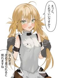 Rule 34 | 1girl, ahoge, artoria caster (fate), artoria pendragon (fate), blush, breast pocket, dot nose, fate/grand order, fate (series), gloves, grey eyes, grey gloves, hair between eyes, highres, holding own hair, open mouth, pocket, romo827, shirt, simple background, skirt, sleeveless, sleeveless shirt, solo, speech bubble, sweatdrop, translation request, twintails, upper body, white background, white skirt