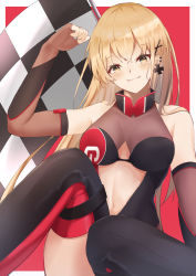 Rule 34 | 1girl, absurdres, aratake, arm up, bare shoulders, black footwear, blonde hair, blush, boots, border, breasts, brown gloves, checkered flag, cleavage, closed mouth, cross, cross earrings, duplicate, ear piercing, earrings, elbow gloves, feet out of frame, fingerless gloves, flag, girls&#039; frontline, gloves, hair ornament, hairpin, highres, jewelry, long hair, looking at viewer, medium breasts, navel, official alternate costume, piercing, pixel-perfect duplicate, ppk (girls&#039; frontline), ppk (mach tempest) (girls&#039; frontline), race queen, simple background, sitting, smile, solo, thigh boots, white border, yellow eyes