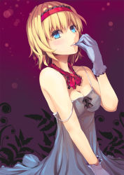 Rule 34 | 1girl, alice margatroid, alternate costume, biting, blonde hair, blue eyes, blush, breasts, cleavage, culter, female focus, glove biting, glove pull, gloves, hairband, highres, lips, looking at viewer, medium breasts, short hair, solo, strap slip, touhou
