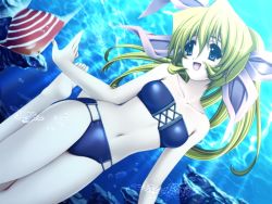 Rule 34 | 00s, 1girl, :d, bandeau, barefoot, bikini, blonde hair, blue eyes, bubble, dutch angle, feet, fish, freediving, game cg, hair between eyes, hair ribbon, happy, kira rafale, light rays, long hair, looking away, milkyway, milkyway 3, navel, open mouth, outdoors, outstretched hand, ponytail, ribbon, rock, senomoto hisashi, sidelocks, smile, soles, sunbeam, sunlight, swimming, swimsuit, toes, underwater, water