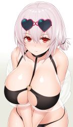 Rule 34 | 1girl, absurdres, asamura hiori, azur lane, bare shoulders, bikini, black bikini, breasts, choker, cleavage, cleavage cutout, closed mouth, clothing cutout, collarbone, commentary request, crossed bangs, expressionless, eyewear on head, from above, gradient background, hair between eyes, heart, heart-shaped eyewear, highres, large breasts, looking at viewer, md5 mismatch, medium hair, o-ring, o-ring top, pink-framed eyewear, pink hair, red eyes, shiny skin, silver background, sirius (azur lane), sirius (scorching-hot seirios) (azur lane), skindentation, solo, sunglasses, swimsuit, v arms