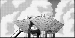 Rule 34 | aoki hagane no arpeggio, building, cloud, commentary request, greyscale, kaname aomame, monochrome, no humans, real life, sky, tokyo big sight