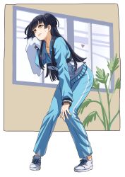 Rule 34 | 1girl, bent over, black hair, breasts, brown eyes, highres, idolmaster, idolmaster shiny colors, jacket, long hair, mayuzumi fuyuko, michihasu, parted lips, plant, potted plant, shoes, sneakers, solo, sweat, towel, twintails, two side up