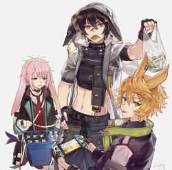 Rule 34 | 3boys, animal ears, ansel (arknights), arknights, arm up, ayerscarpe (arknights), bag, bandages, bandaid, bandaid on face, bandaid on nose, black choker, black coat, black gloves, black hair, black jacket, black pants, black shirt, blonde hair, bottle, box, choker, coat, cowboy shot, crop top, cropped jacket, csyday, edamame, fingerless gloves, frown, gloves, green eyes, grey jacket, hair between eyes, holding, holding bag, hood, hood up, jacket, leonhardt (arknights), long hair, long sleeves, male focus, messy hair, midriff, mouth hold, multiple boys, necktie, nintendo switch, orange eyes, pants, pink hair, rabbit boy, rabbit ears, red eyes, red neckwear, shirt, short hair, short sleeves, simple background, tongue, tongue out, trait connection, trap, upper body, white background, white gloves