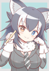 Rule 34 | 1girl, animal ear fluff, animal ears, black hair, black jacket, blue background, blue eyes, blush, breasts, brown eyes, closed mouth, commentary request, diagonal-striped clothes, diagonal-striped necktie, diagonal-striped neckwear, gloves, grey background, grey wolf (kemono friends), heterochromia, highres, holding, holding paintbrush, jacket, kemono friends, long sleeves, looking at viewer, medium breasts, multicolored hair, necktie, outside border, paintbrush, smile, solo, striped clothes, striped neckwear, sunanuko (ramuneko), two-tone background, two-tone hair, upper body, white gloves, white hair, wolf ears