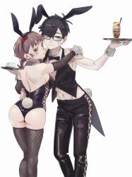 Rule 34 | 1boy, 1girl, absurdres, animal ears, ass, bare shoulders, black bow, black bowtie, black hair, black leotard, black pants, black vest, blue eyes, bow, bowtie, braid, breasts, closed mouth, cross-laced pants, cup, detached collar, detached sleeves, drinking glass, embarrassed, fake animal ears, feet out of frame, fishnet sleeves, fishnet thighhighs, fishnets, food, glasses, groin, hair bow, hairband, hand on another&#039;s shoulder, hand on another&#039;s waist, hands up, highres, holding, holding tray, leotard, looking back, medium breasts, medium hair, mi (pic52pic), navel, original, outstretched arm, pants, parfait, parted lips, playboy bunny, pudding, rabbit ears, rabbit tail, red bow, revealing clothes, short hair, simple background, smile, standing, strapless, strapless leotard, sweatdrop, tail, thighhighs, toned, toned male, tray, twin braids, twintails, vest, waiter, waitress, white background, wrist cuffs