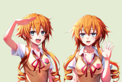 Rule 34 | 2girls, blanksensei, blouse, blue eyes, blush, braid, breasts, cleavage, commentary, date a live, drill hair, english commentary, green background, hair between eyes, hand up, highres, long hair, looking at viewer, medium breasts, multiple girls, open mouth, orange hair, shirt, siblings, sidelocks, simple background, sisters, smile, twins, upper body, white shirt, yamai kaguya, yamai yuzuru