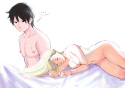 Rule 34 | 1boy, 1girl, absurdres, aftersex, black hair, blonde hair, boruto: naruto next generations, breast press, completely nude, couple, closed eyes, hickey, highres, husband and wife, long hair, looking at another, lying, monday mint, naruto (series), nipples, nude, on bed, on side, pussy, sai, sleeping, very long hair, waking up, wide hips, yamanaka ino