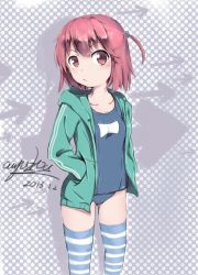 Rule 34 | 1girl, arrow (symbol), collarbone, dated, frown, hands in pockets, hood, hoodie, original, pink eyes, pink hair, school swimsuit, side ponytail, signature, solo, striped clothes, striped thighhighs, swimsuit, thighhighs, zhongye yu